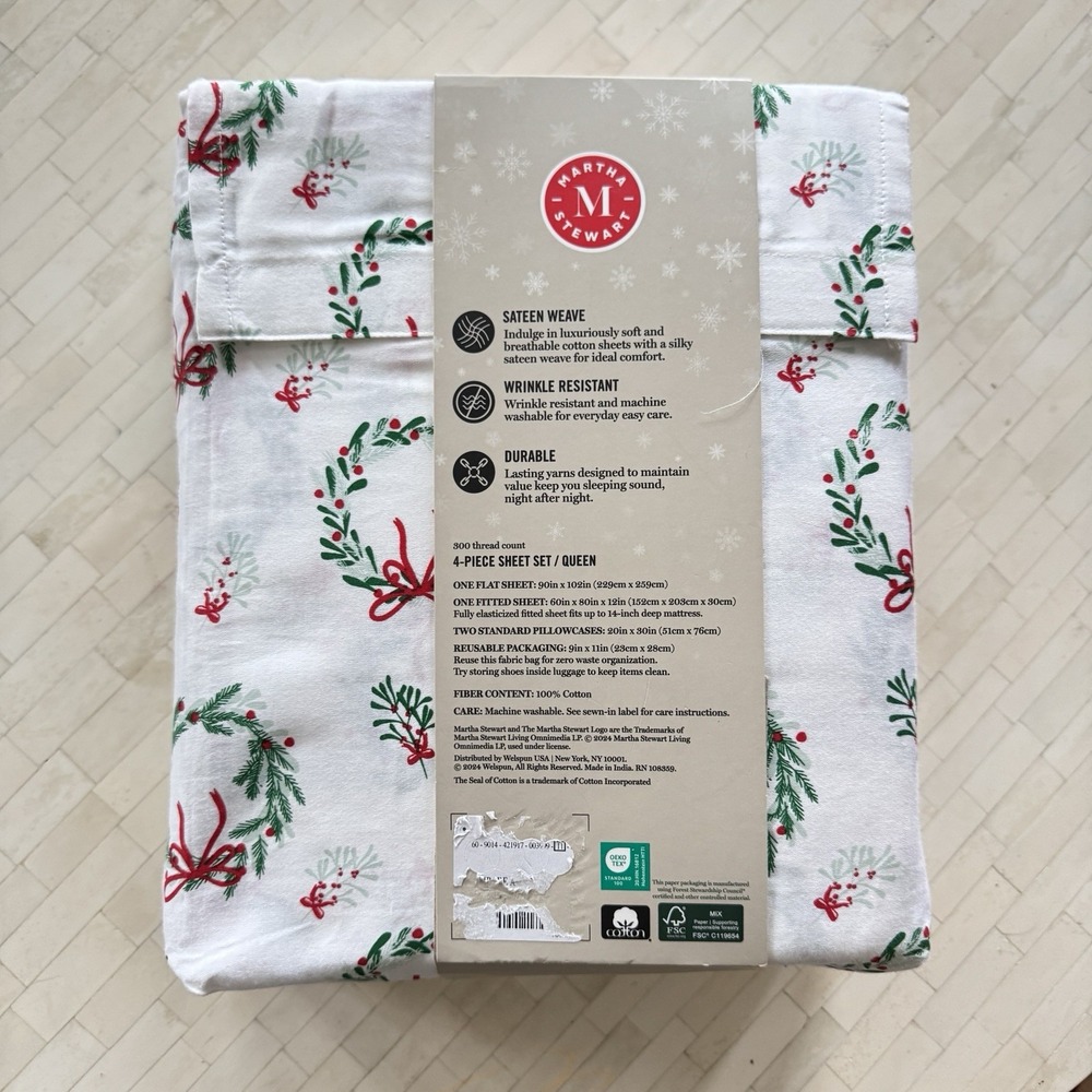 New Martha Stewart Holiday Collection Christmas Wreath QUEEN Sheet Set Cotton - Picture 4 of 4